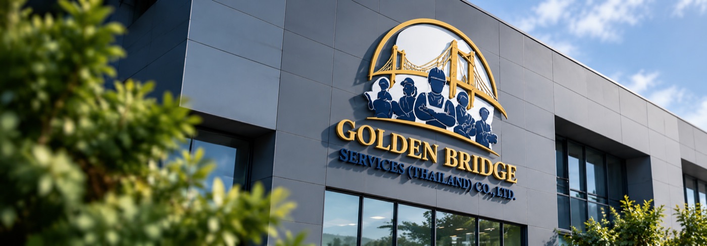 อาคารสำนักงานพร้อมป้ายโลโก้ Golden Bridge Services