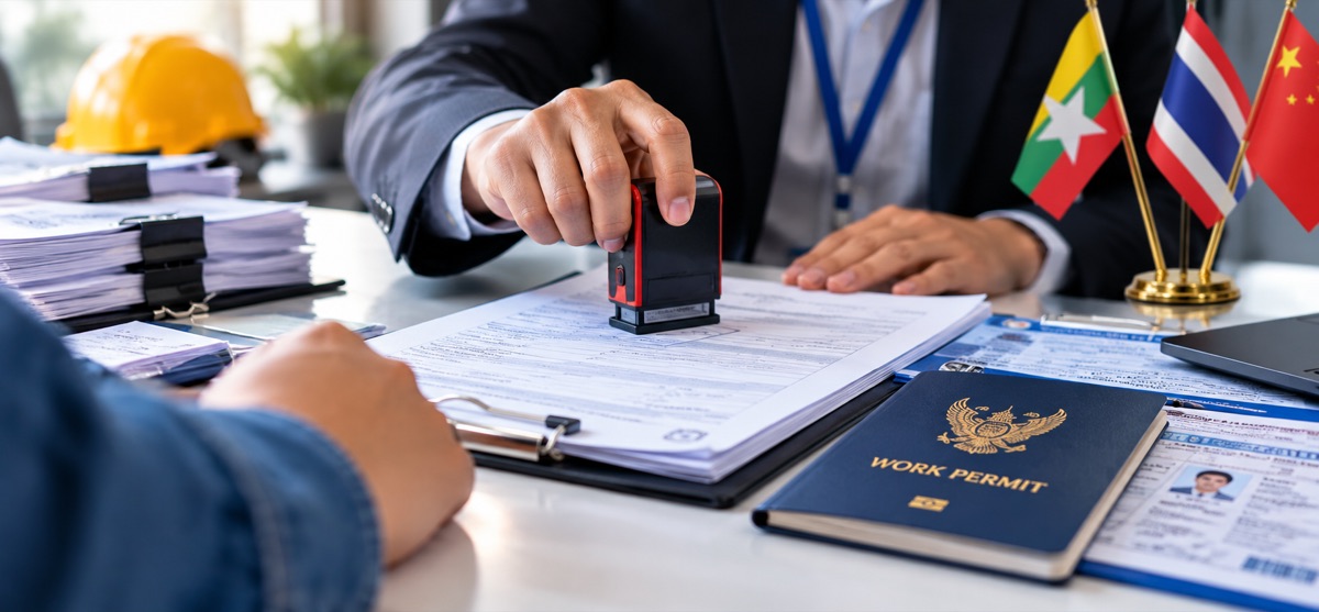เจ้าหน้าที่ประทับตราเอกสาร Work Permit และหนังสือเดินทาง