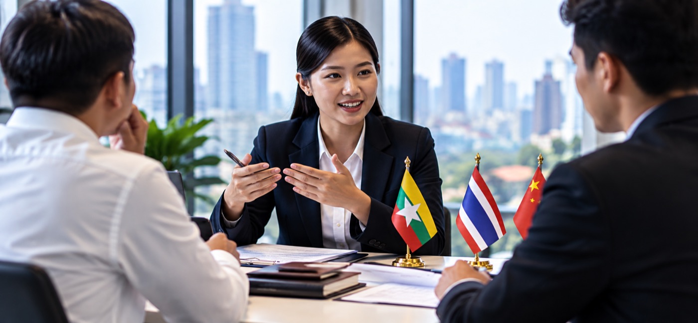 ล่ามอธิบายระหว่างการประชุม มีธงเมียนมา ไทย จีน บนโต๊ะ